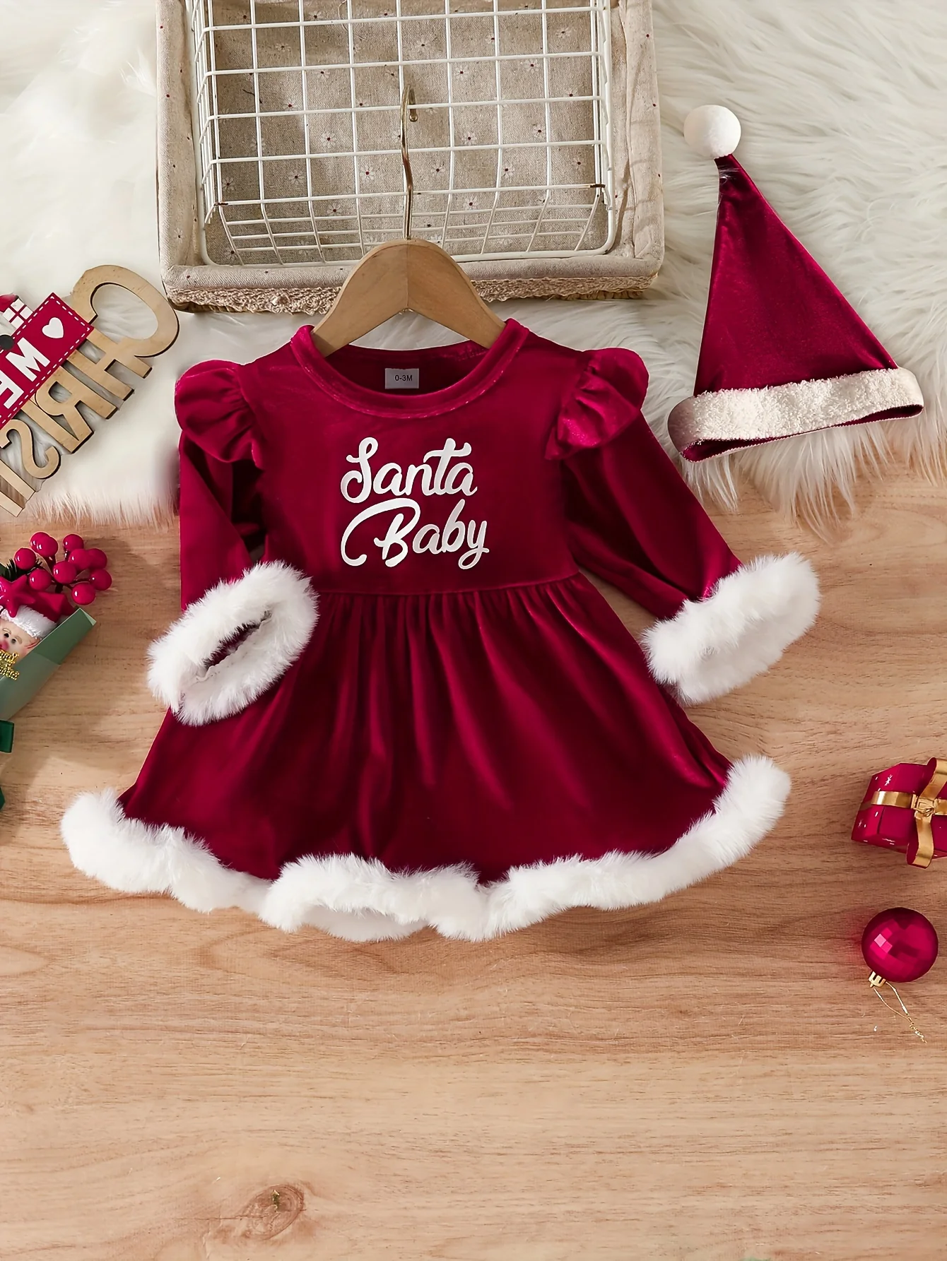 Baby's Christmas Style Fuzzy Trim Warm Long Sleeve Dress & Hat, Infant & Toddler Girl's Dress For Daily Wear/Holiday/Party, As Gift - Deanwangkt