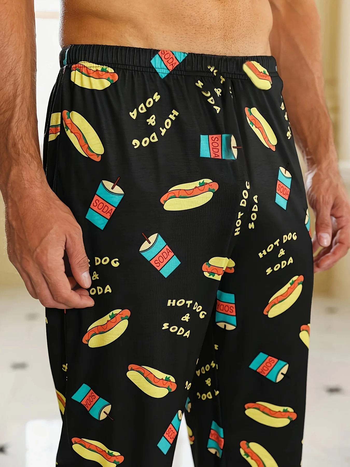 Men's Trendy Hamburger Soda Drinks Print Loose Pajama Pants, Stylish All-match Pants, Comfy & Breathable For Summer - Deanwangkt