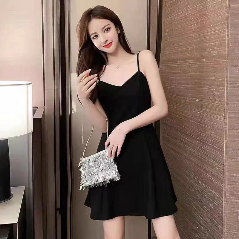 Black Slip Dress Women's Summer Inner Wear Base Slim-Fit Slimming Jumpsuit Skirt Sexy Outerwear Hepburn Black Dress Spring - Deanwangkt