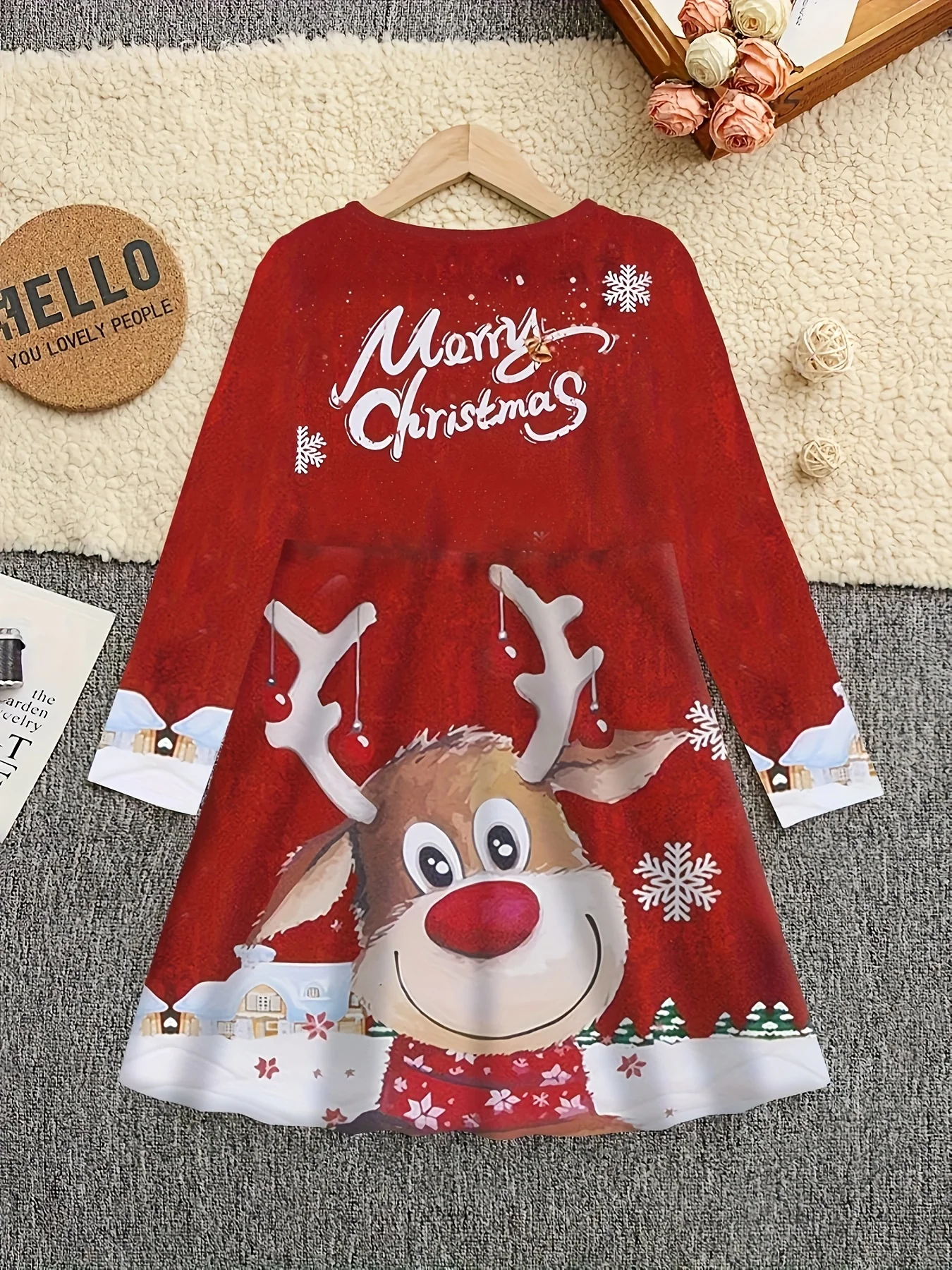 Girls' Festive Christmas Reindeer & Snowflake 3D Print Dress - Casual Elegance with Long Sleeves, Round Neck - Perfect for Spring/Summer/Fall - Deanwangkt