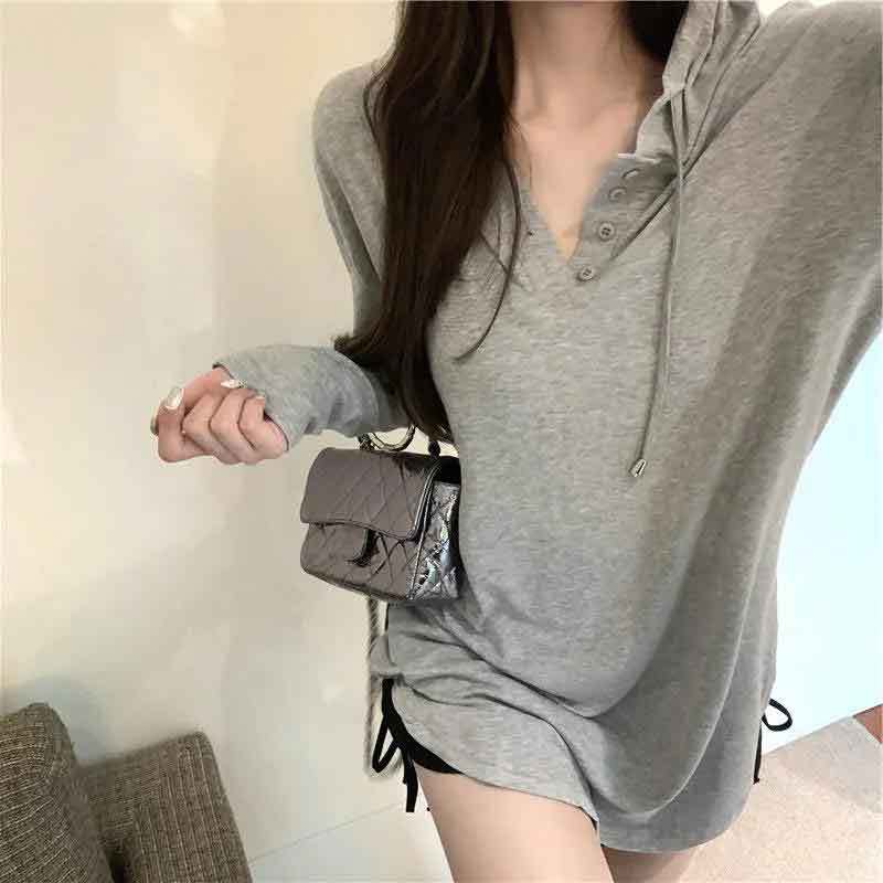 deanwangkt T-shirt for Women Ins Trendy Loose Thin Korean Style Chic Gray Sun Protection Hooded Long Sleeve Top Autumn  New - Deanwangkt