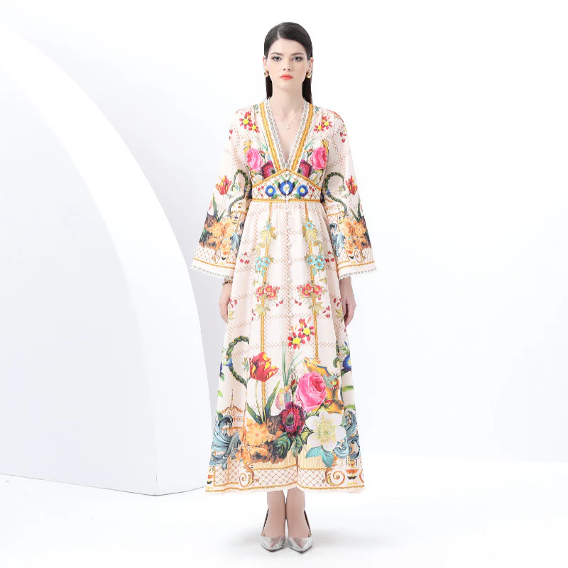 Early Spring - Vintage Deep V-Neck Flared Sleeve Wide Pendulum Painted Printed Long Dress - Deanwangkt