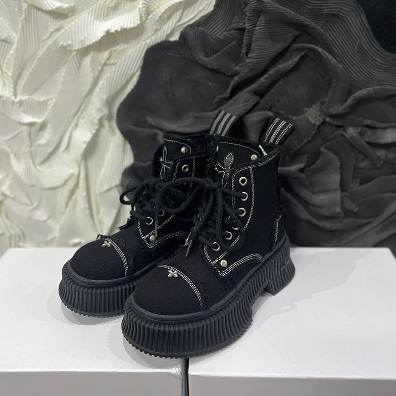 SK Black Biscuit Wilderness Wind Boots Washed Wheat Cowhide Canvas Cover Mid-Calf Martin Boots Cruciate Flower Shoes - Deanwangkt