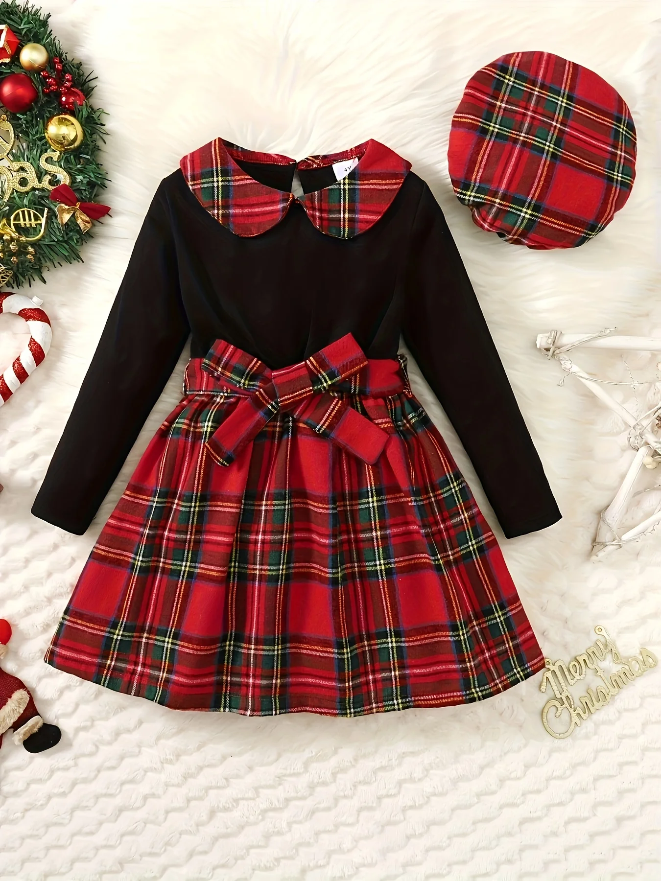 Girls' Plaid Long Sleeve Dress Set - Comfy Casual Wear with Contrast Collar, Includes Beret, Perfect for Winter and Fall Parties, Gift Idea - Deanwangkt