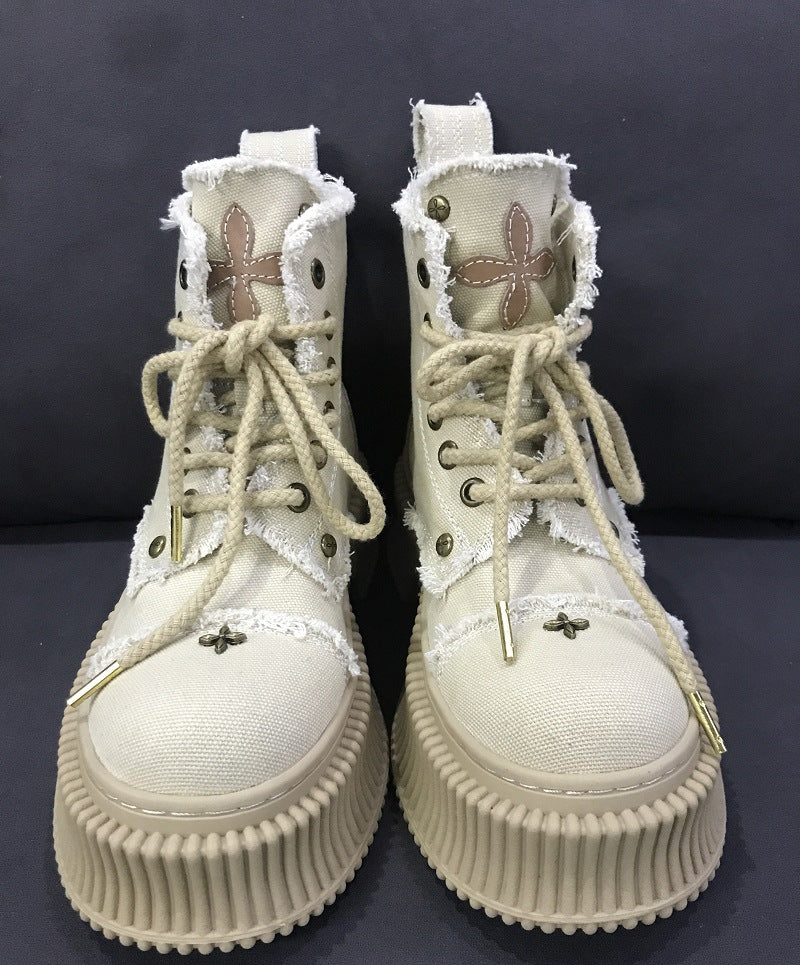 SK Black Biscuit Wilderness Wind Boots Washed Wheat Cowhide Canvas Cover Mid-Calf Martin Boots Cruciate Flower Shoes - Deanwangkt