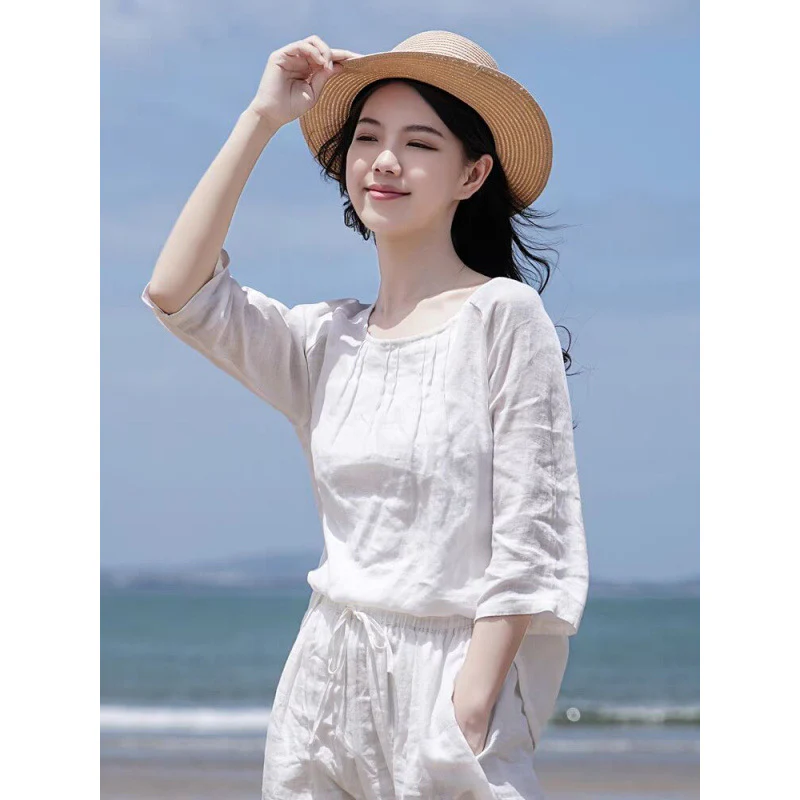New Chinese top, white linen shirt, women's seven-quarter-sleeved shirt, high-end loose literary and retro simple top, women's - Deanwangkt