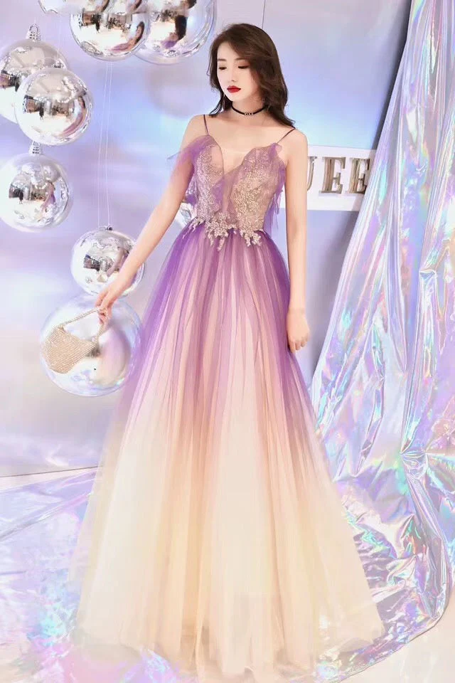 Solvbao Purple and Yellow Gradient V-neckline Straps Tulle Evening Gown, Long Prom Dress Party Dress - Deanwangkt