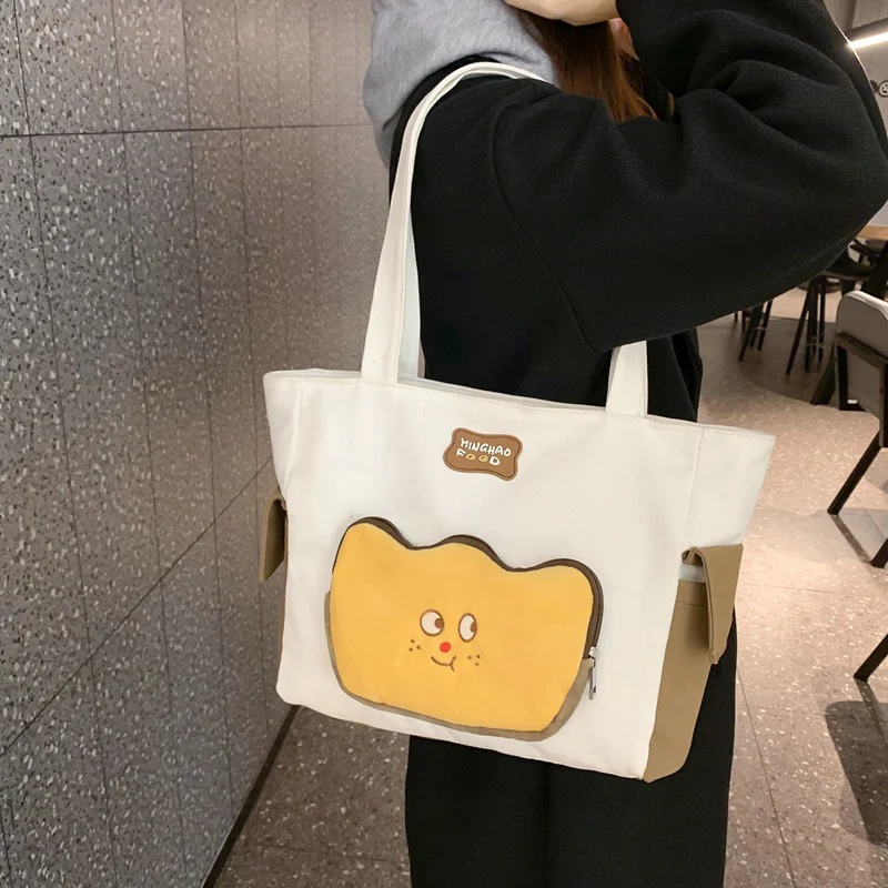 DEANWANGKT 2025 Cartoon cute tote bag  autumn new fashionable large-capacity shoulder bag girl personality toast shopping bag - Deanwangkt