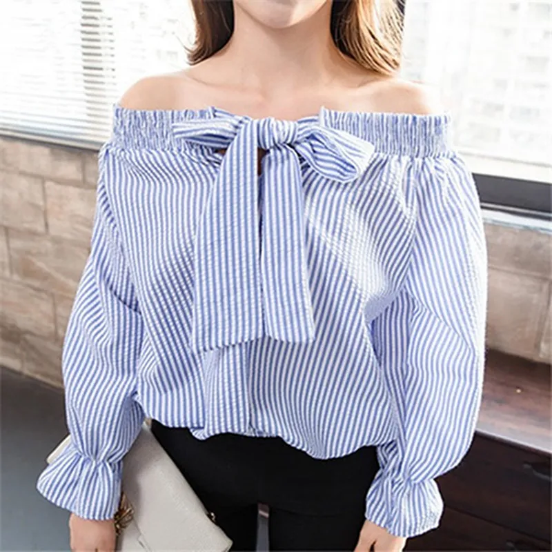 Sexy Off Shoulder Blouse Summer Women Bow Slash Neck Long Sleeve Blue Vertical Striped Shirt Blusas Casual Tops Plus Size - Deanwangkt