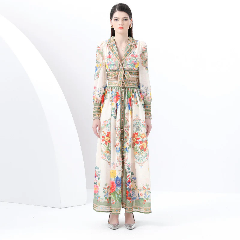 suit women's  bow lace-up waist short lapel long-sleeved top single-breasted printed skirt - Deanwangkt