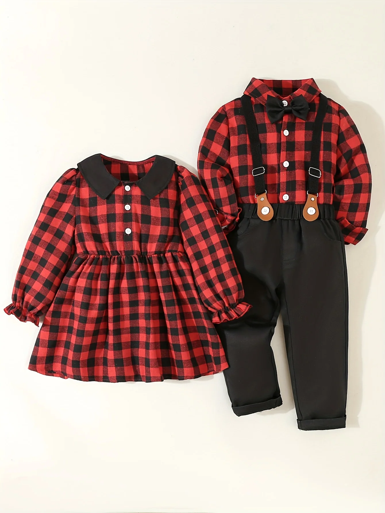Youngsters's Brother and Sister Set, 1pc Not 2pcs, Please Purchase Boy or Girl Clothes Separately, Single Piece Girl Cute Doll Collar Red Plaid Waistline Long Sleeve Dress, 1 Set Boys Gentleman Suit Plaid Long Sleeve Shirt with Bow Tie + Casual Back - Deanwangkt