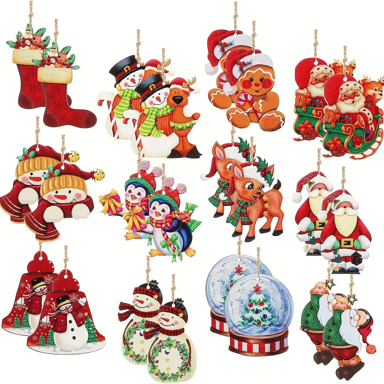 24pcs Wooden Christmas Ornaments, Farmhouse Style Hanging Decor, Vintage Santa Snowman Pendants for Home Party - Deanwangkt