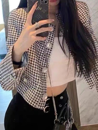 2025 Spot thousand bird grid sequined short top baby same jacket small fragrant wind diamond buckle embroidered small blazer - Deanwangkt