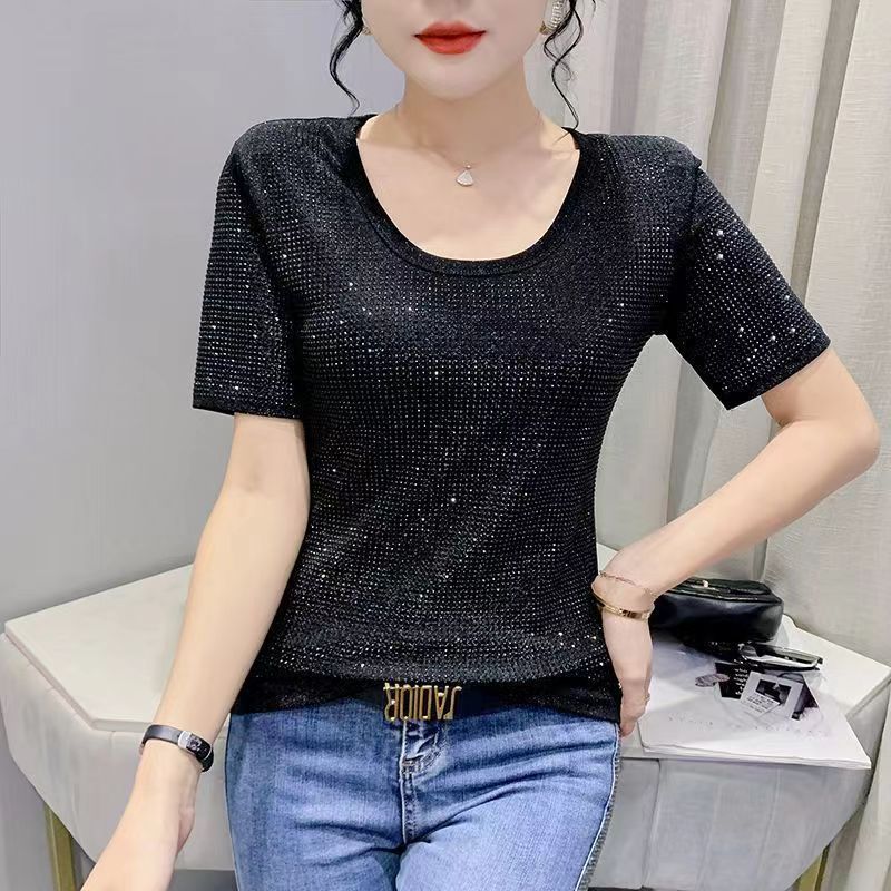 DEANWANGKT  European Goods Fashion Light Diamond off-Shoulder Short Sleeve T-shirt Female  Summer New Outdoor Western Style Slimming Top Shirt - Deanwangkt