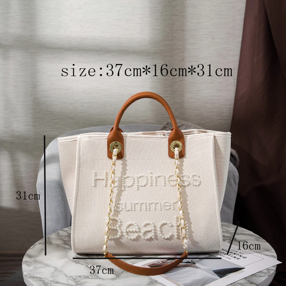 Cross-Border Women's Bag Classic Style Pearl Embroidered Canvas Bag Large Capacity Bag Shoulder White Mother Bag Big Bag - Deanwangkt