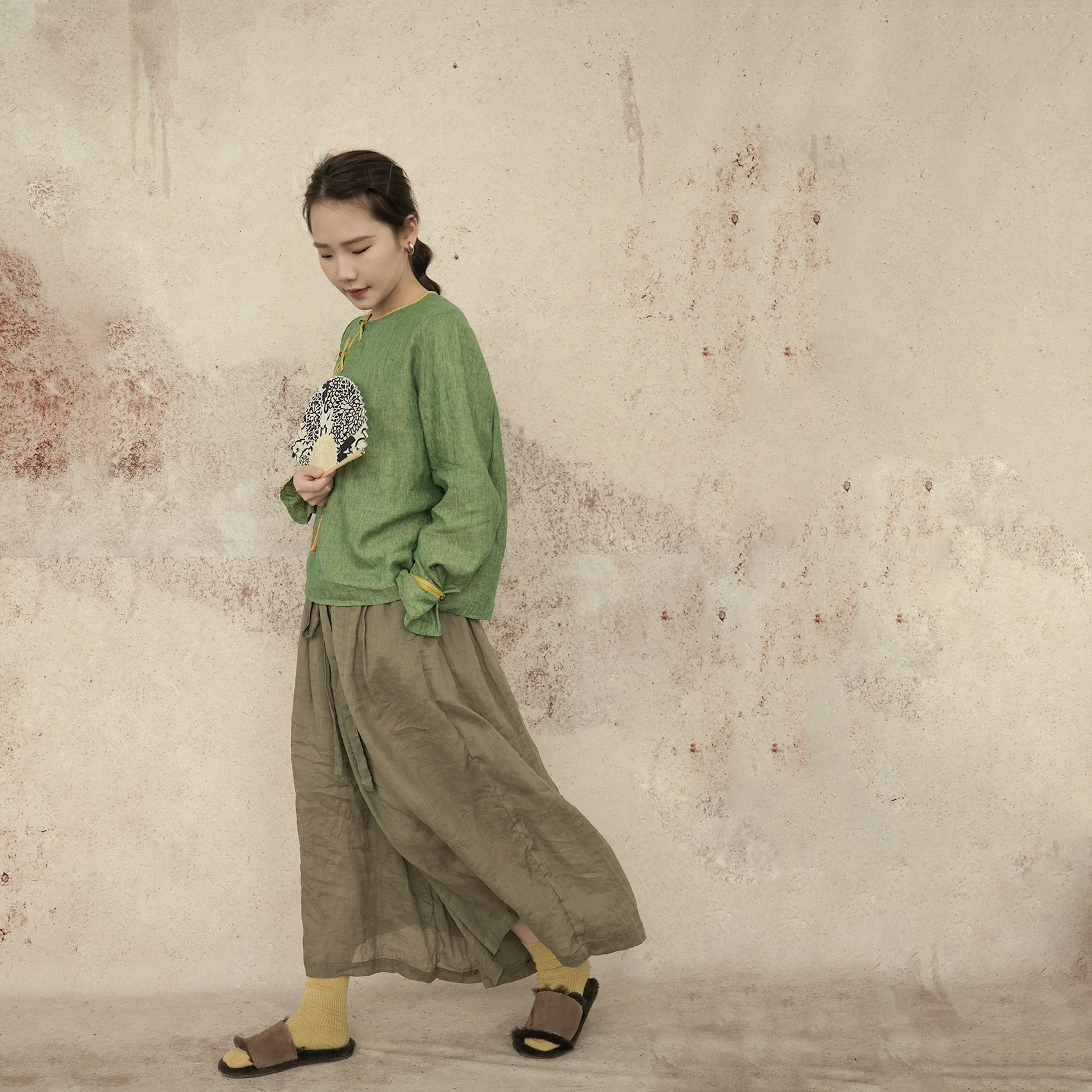 design Oriental aesthetic yarn-dyed linen contrasting top, light Chinese diagonal flared sleeve shirt S23036 - Deanwangkt