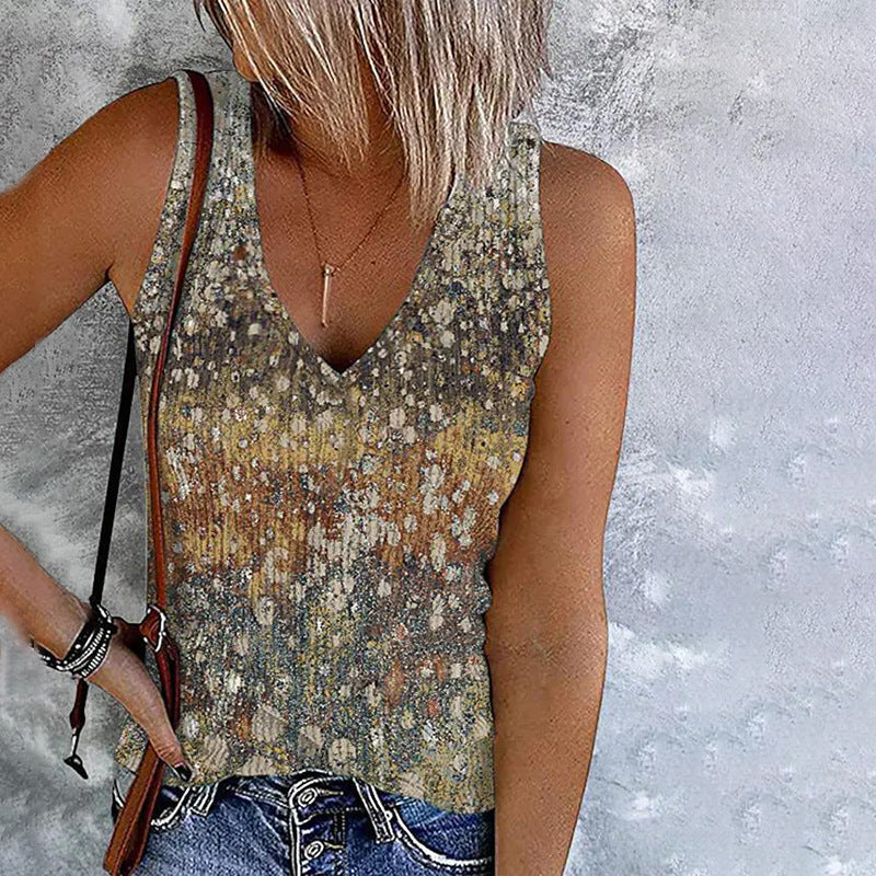 DEANWANGKT  Independent Station  Spring and Summer European and American New Top Women's Casual Printed V-neck Sleeveless T-shirt Vest - Deanwangkt