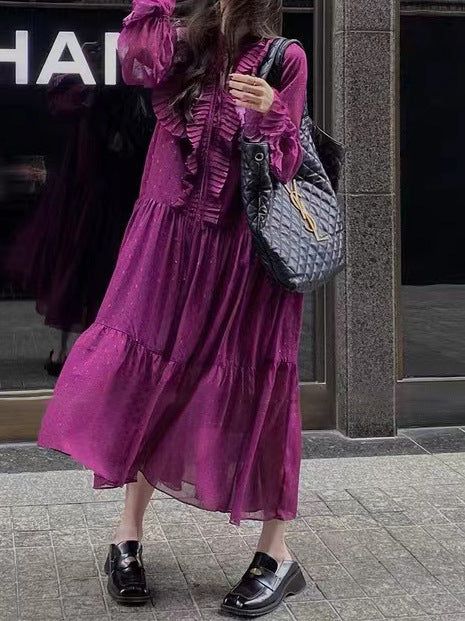 2025 Spot 2023 autumn and winter  heavy industry purple long dress pleated versatile lotus leaf sleeve iris large size dress - Deanwangkt