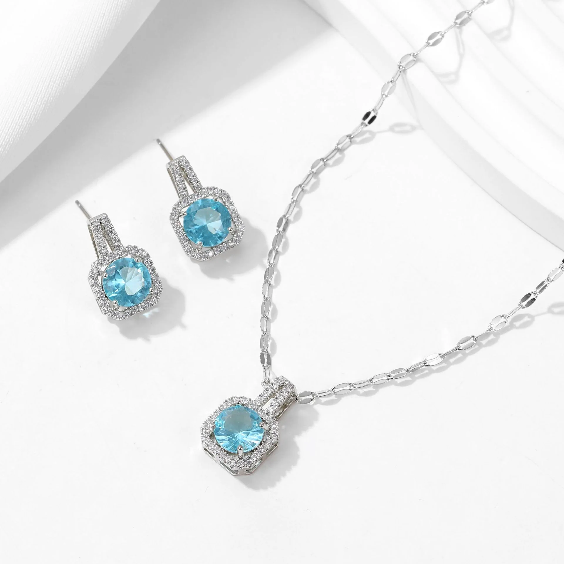 2025 High-end square zircon necklace, earrings, jewelry set, light luxury niche design, exquisite collarbone chain woman - Deanwangkt