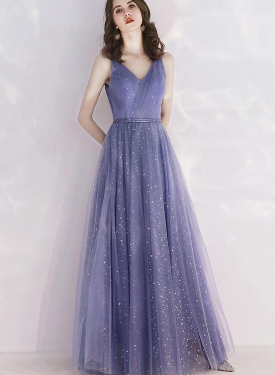 Solvbao Charming Tulle Purple V-neckline Long Formal Dress, Shiny Tulle Low Back Wedding Party Dress - Deanwangkt