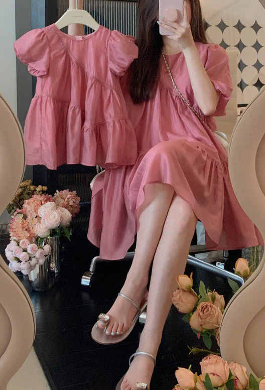 South Korea Children's Summer Clothing Parent-Child Dress Sanya Holiday Big Swing Princess Dress Girl Mother-Daughter Matching Outfit Puff Sleeve Dress Fashion - Deanwangkt