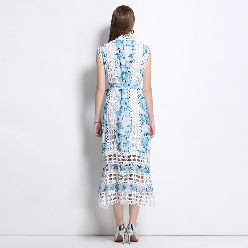 temperament high sense stand collar hollow embroidered lace splicing sleeveless waist thin elegant dress - Deanwangkt