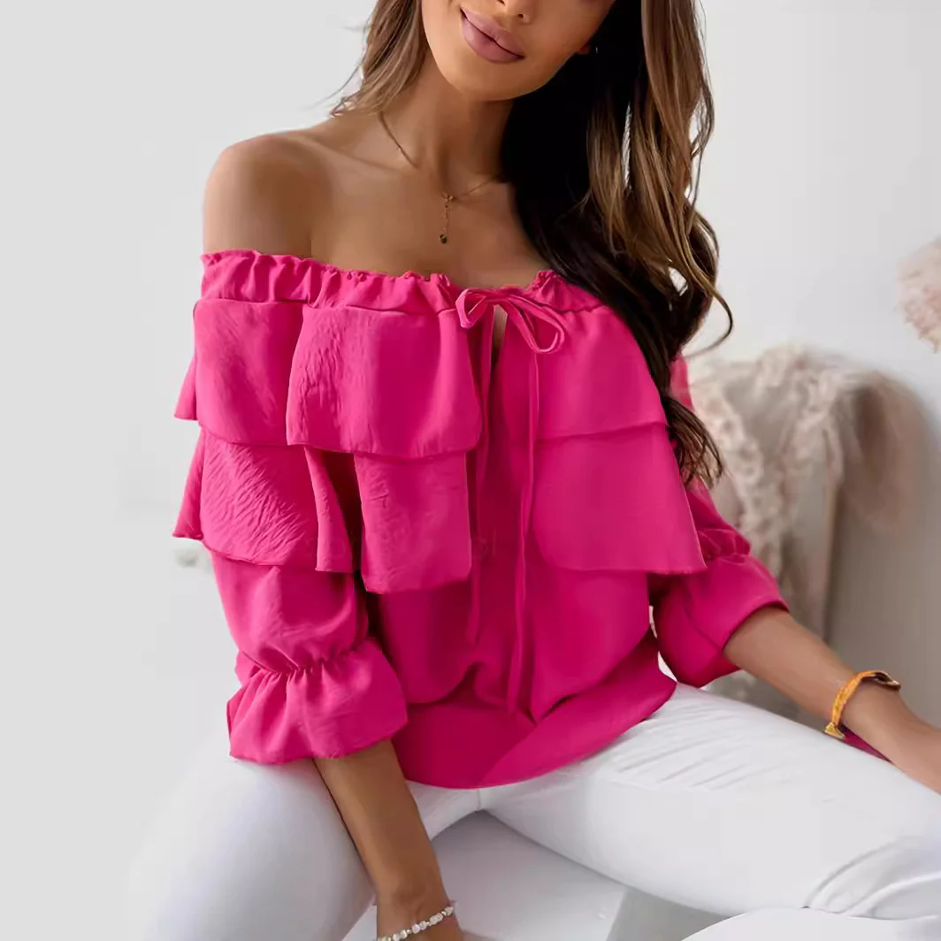 DEANWANGKT  Cross-Border off-the-Neck Chiffon Shirt Women's Elastic Shoulder Tied Lotus Leaf Top Women's Casual Loose Women's Sleeve - Deanwangkt