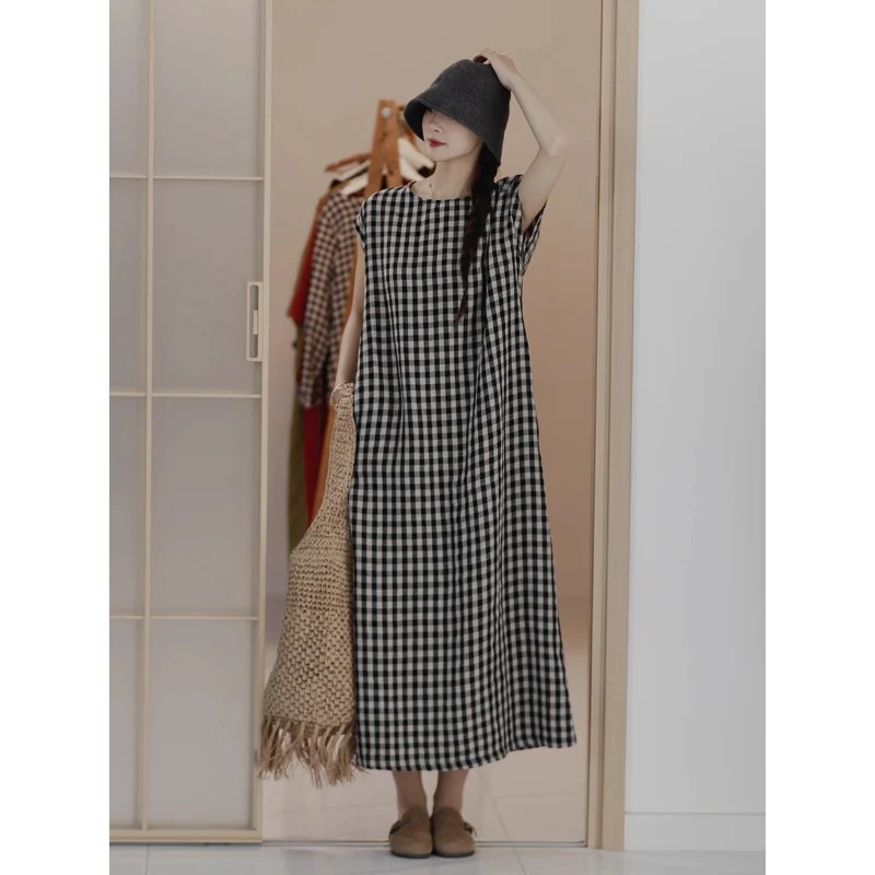 summer dyed cotton and linen plaid linen long dress paper person elegant literary retro dress women - Deanwangkt