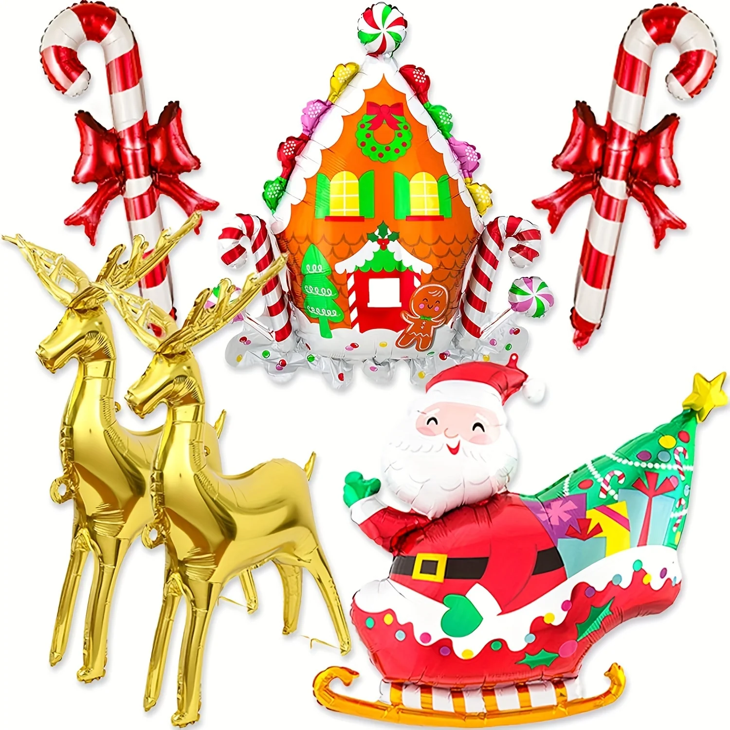6Pc Jumbo Aluminum Foil Christmas Balloon Set - Self-Sealing, Standing Reindeer, Santa Sleigh, Candy Cane, Gingerbread House for Holiday Party Decor, 14+ Years - Deanwangkt