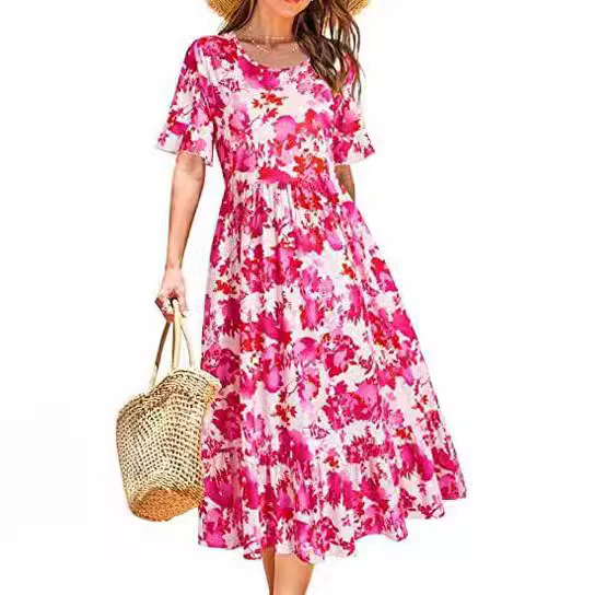 DEANWAQNGKT  Cross-Border Supply Floral round Neck Mid-Length Dress Casual Hidden Belly Fat Hawaii - Deanwangkt