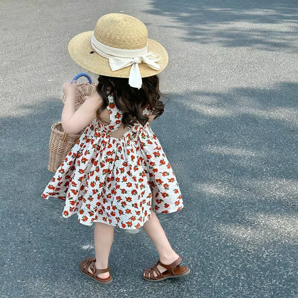 Girl's Strap Skirt Summer New Sweet Floral Cross Tank Top Beach Princess Dress Children One Piece Dropshipping - Deanwangkt