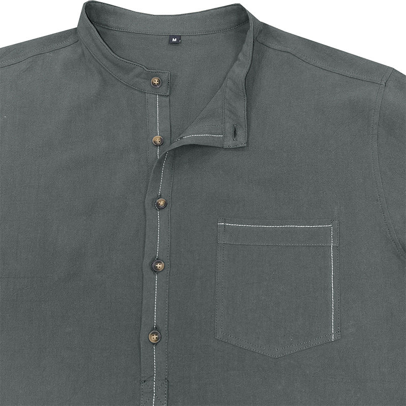 DEANWANGKT 2025 Cross-border men's shirts, autumn and winter  men's stand-up neck cotton and linen shirts, Popular trade long-sleeved Henry neck linen shirts - Deanwangkt