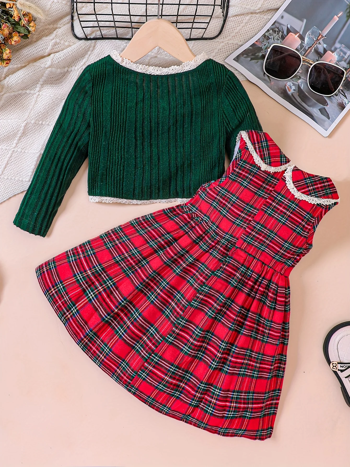 Girls 2pcs Christmas Sets Ribbed Knit Cardigan With Bow & Plaid Sleeveless Collar Dress Set For Christmas, outdoor Party, Fall - Deanwangkt