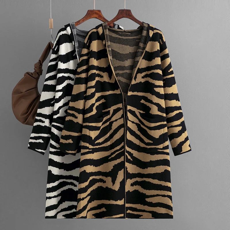 DEANWANGKT Cross-border knitted jacket women's  autumn and winter new Shang V tie hat long-sleeved zebra pattern long sweater cardigan - Deanwangkt
