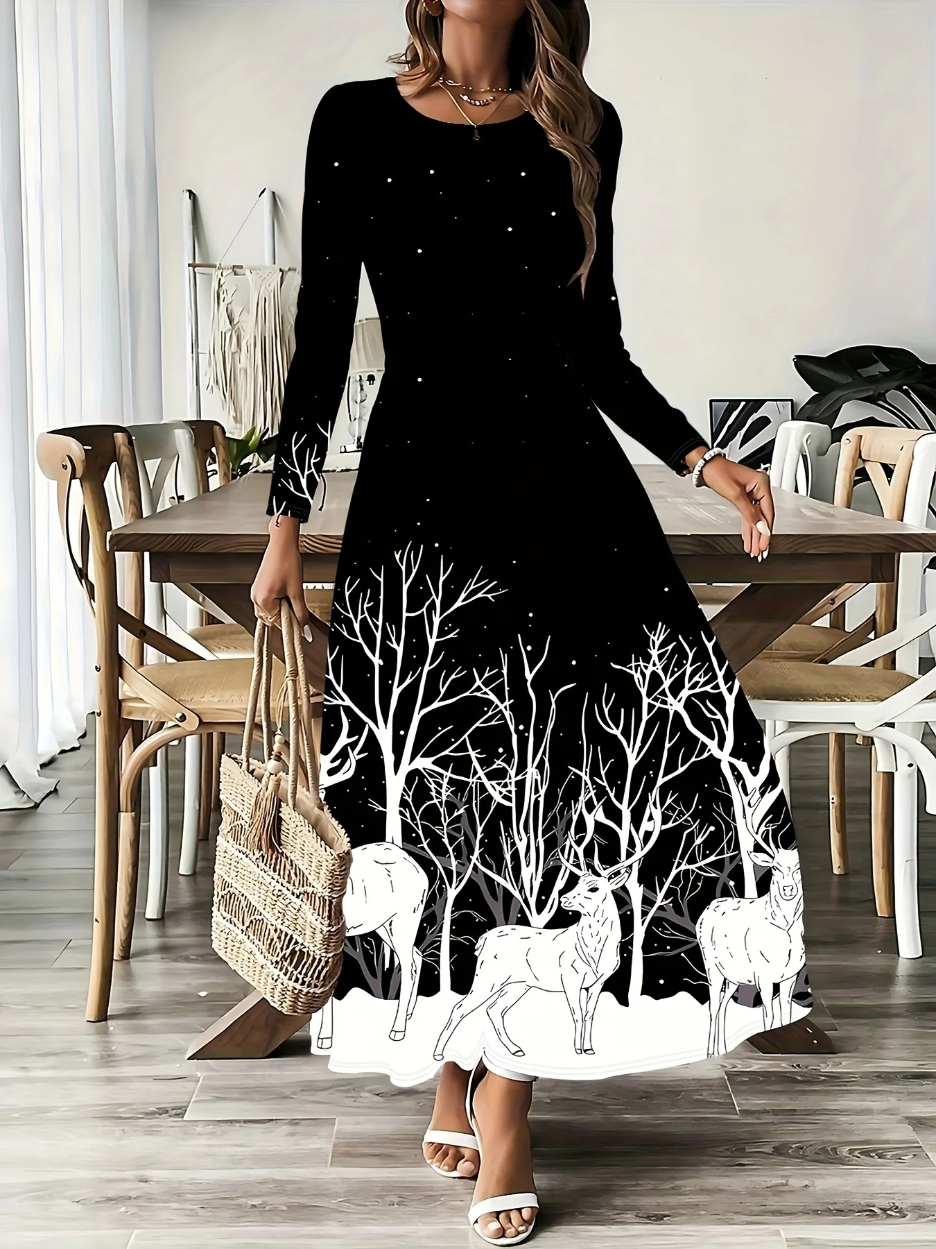 Stunning Floral A-Line Dress - Soft Polyester Knit Fabric, Round Neck, Long Sleeves, Patchwork Details, Christmas Patterns - Perfect for Spring and Fall Seasons - Deanwangkt