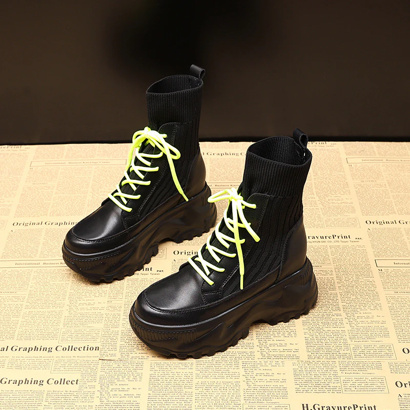 Martin Boots for Women Height Increasing Insole High-Top  Autumn and Winter Korean Style Muffin Bottom Cowhide Black Shoes One Piece Dropshipping Tide - Deanwangkt