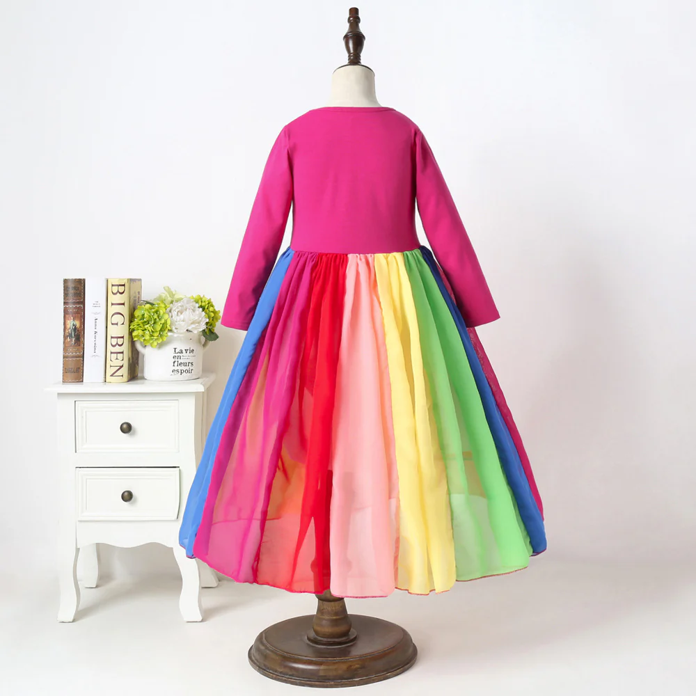 Popular Foreign Trade Children's Dress Autumn and Winter Long Sleeves Rainbow Mesh Dress Girl's Rainbow Printing Princess Dress - Deanwangkt