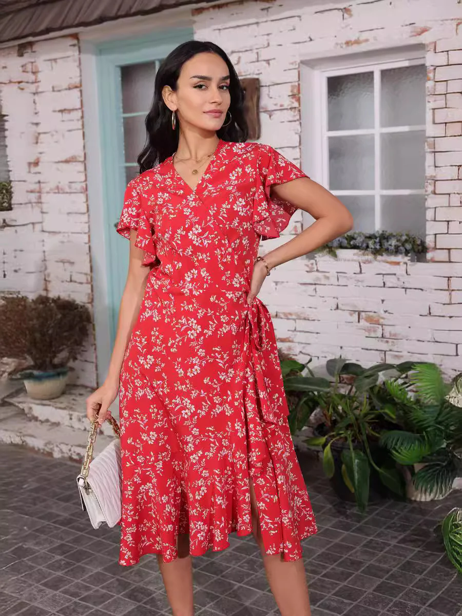 DEANWAQNGKT  Summer  New Sexy Chiffon Midi Dress Printed V-neck Dress Beach Dress - Deanwangkt