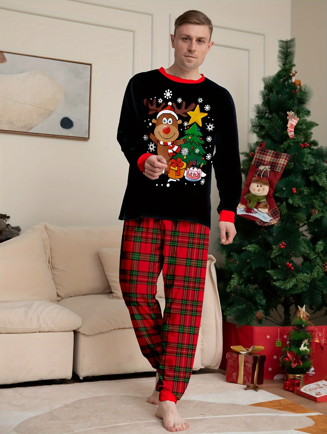 Men's Trendy Casual Christmas Pajamas Sets, Deer Elk Christmas Tree Antler Graphic Print Long Sleeve Crew Neck Top & Loose Pants Lounge Wear - Deanwangkt