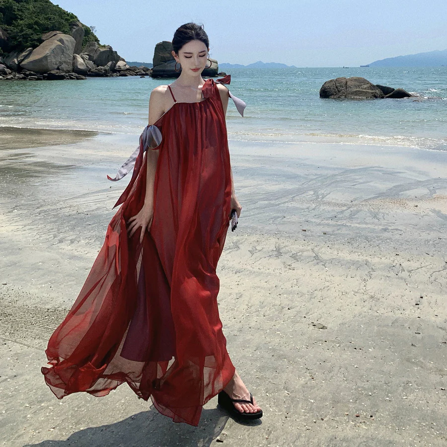 2025 niche slanted shoulder design sense super pendulum seaside vacation suspender skirt beautiful mesh super fairy strap dress - Deanwangkt