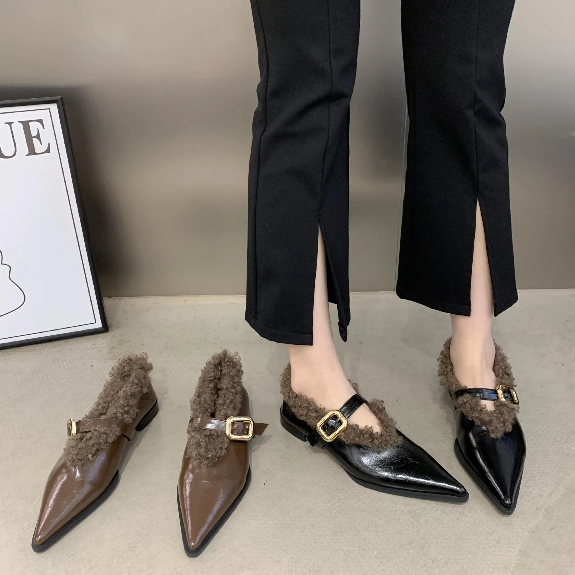 2025  Popularan Station Spring and Autumn popular New Mao Mao Shallow Mouth Pointed Head One Foot Mary Jane Shoes Women's Rhinestone Flat Shoes - Deanwangkt