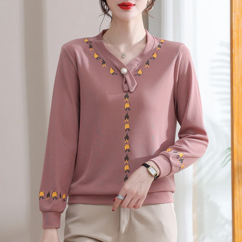 DEANWANGKT  Mom Spring Wear Underwear Long-Sleeved T-shirt  New Middle-Aged and Elderly Women's Clothing Spring and Autumn Western Style Knitted Small Shirt Top - Deanwangkt