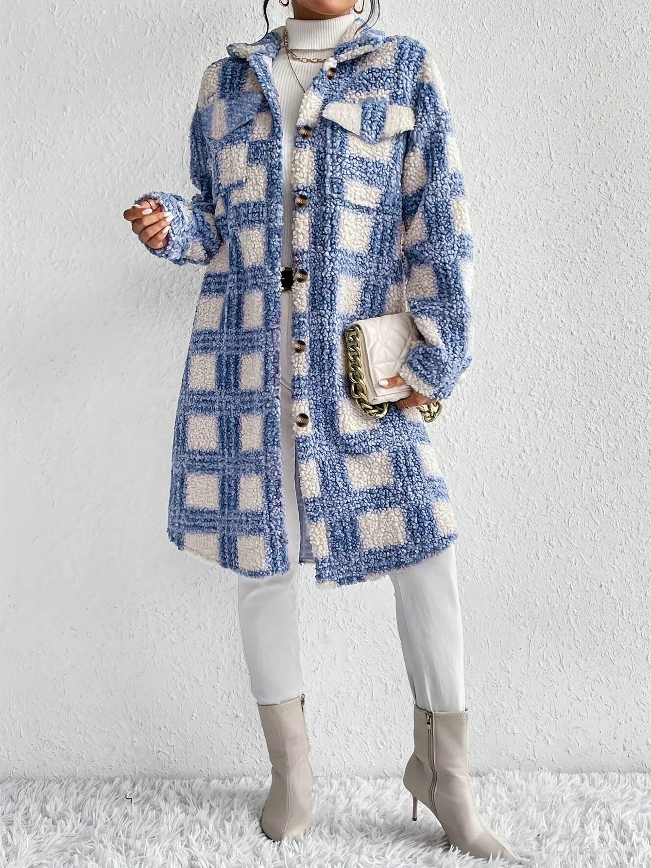 Long Sleeve Elegant Plaid Pattern Button Front Teddy Coat for Fall & Winter, Women's Mid-length Warm Outerwear - Deanwangkt