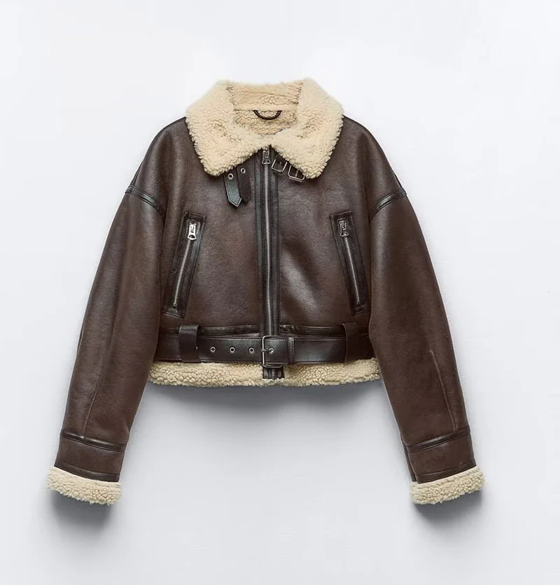 2023 European and American autumn women's new double-sided short jacket, winter locomotive fur integrated warm jacket - Deanwangkt