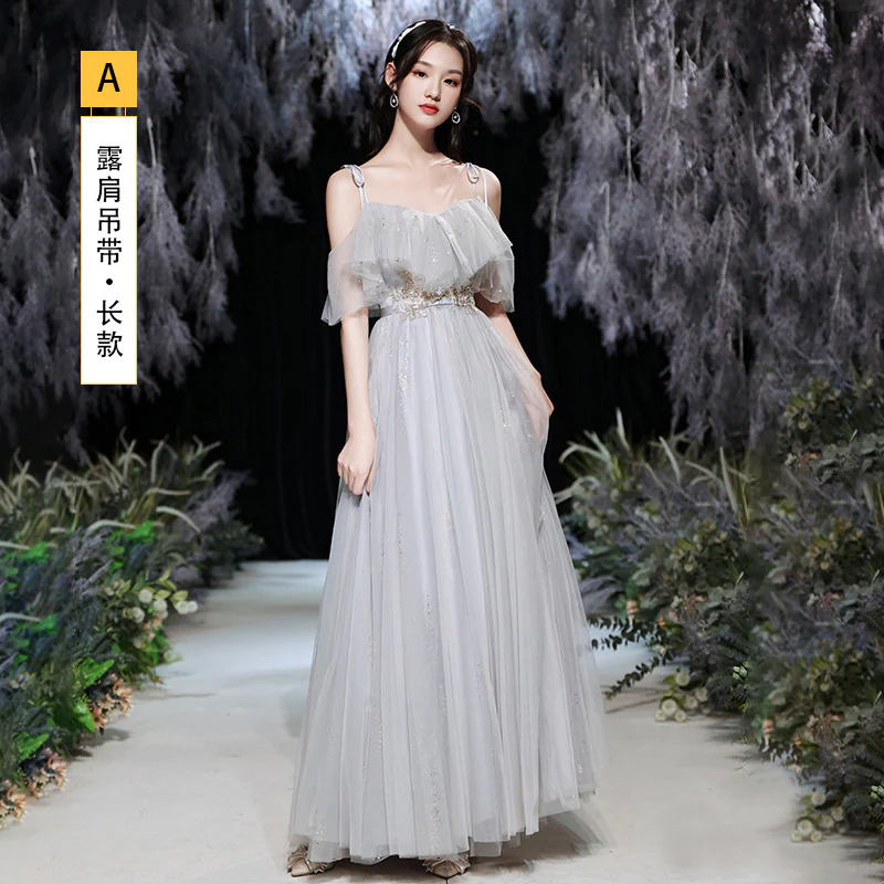 2025 Grey sister group bridesmaid clothes long and thin  new host evening dress women can usually wear bridesmaid clothes - Deanwangkt