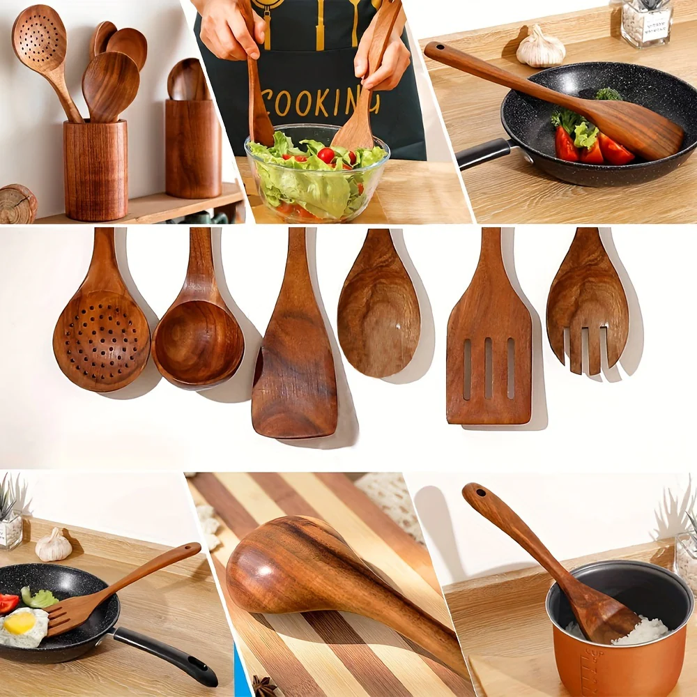 7-Piece Premium Wooden Cooking Utensils Set - Durable, Heat Resistant, Non-Stick Pan Compatible - Comprehensive Kitchenware for Cooking and Food Preparation - Deanwangkt