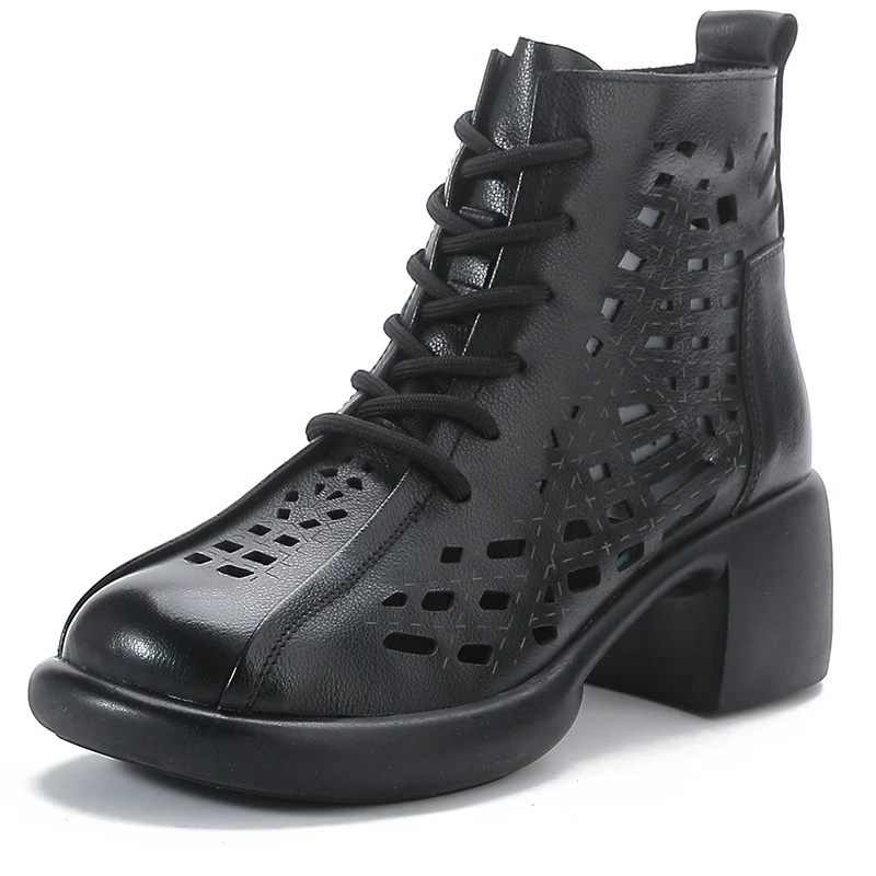 First Layer Cowhide Spring Summer Chunky Heel Martin Boots Women's Retro High Heel Hollow Boots Thick-Soled Leather Sandal Boots Hole Shoes - Deanwangkt