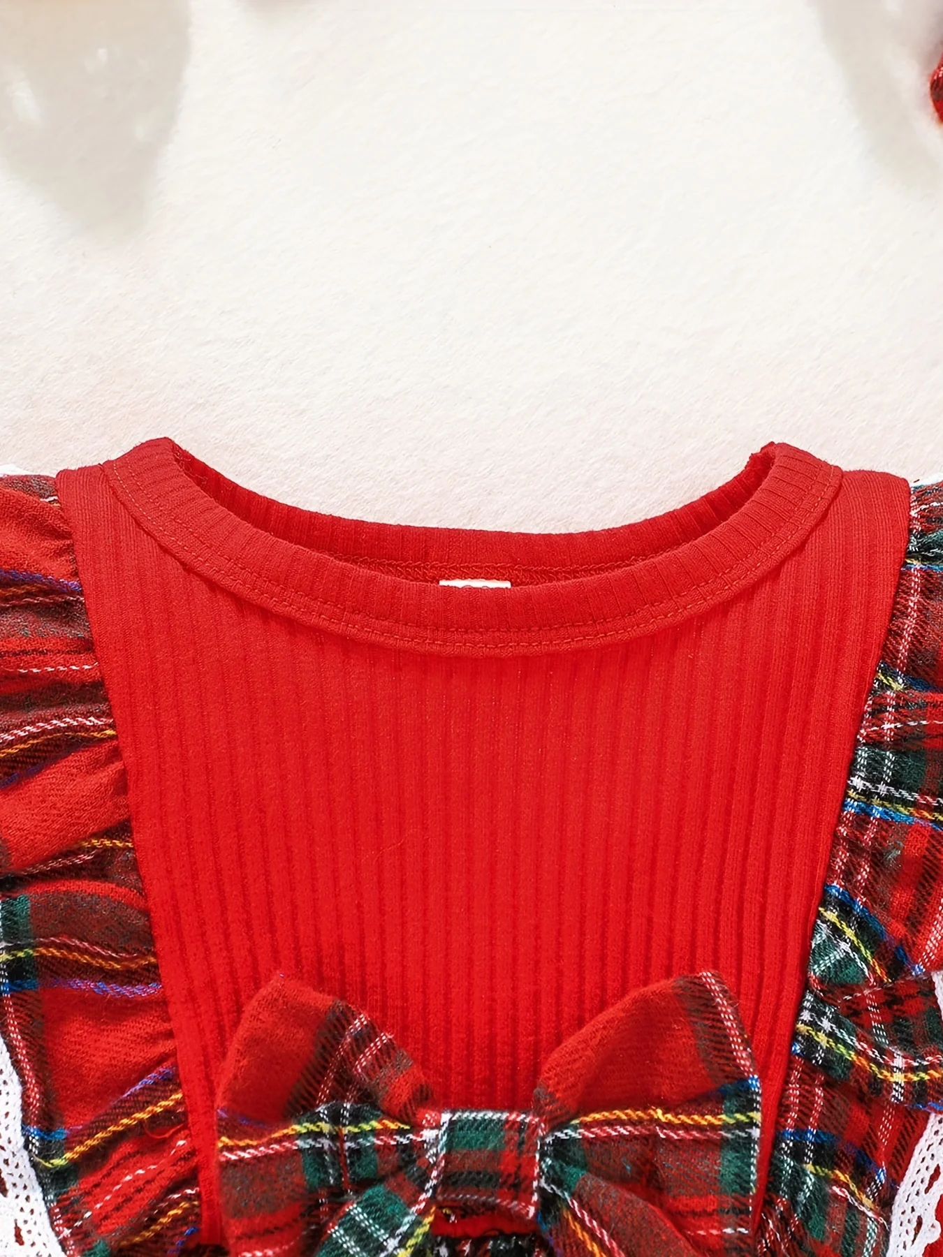 Girls 2pcs Christmas Set Ribbed Knit Plaid Flutter Trim And Bow Dress & Plaid Headband Set, Comfy Sets For Party, Gift, Christmas - Deanwangkt