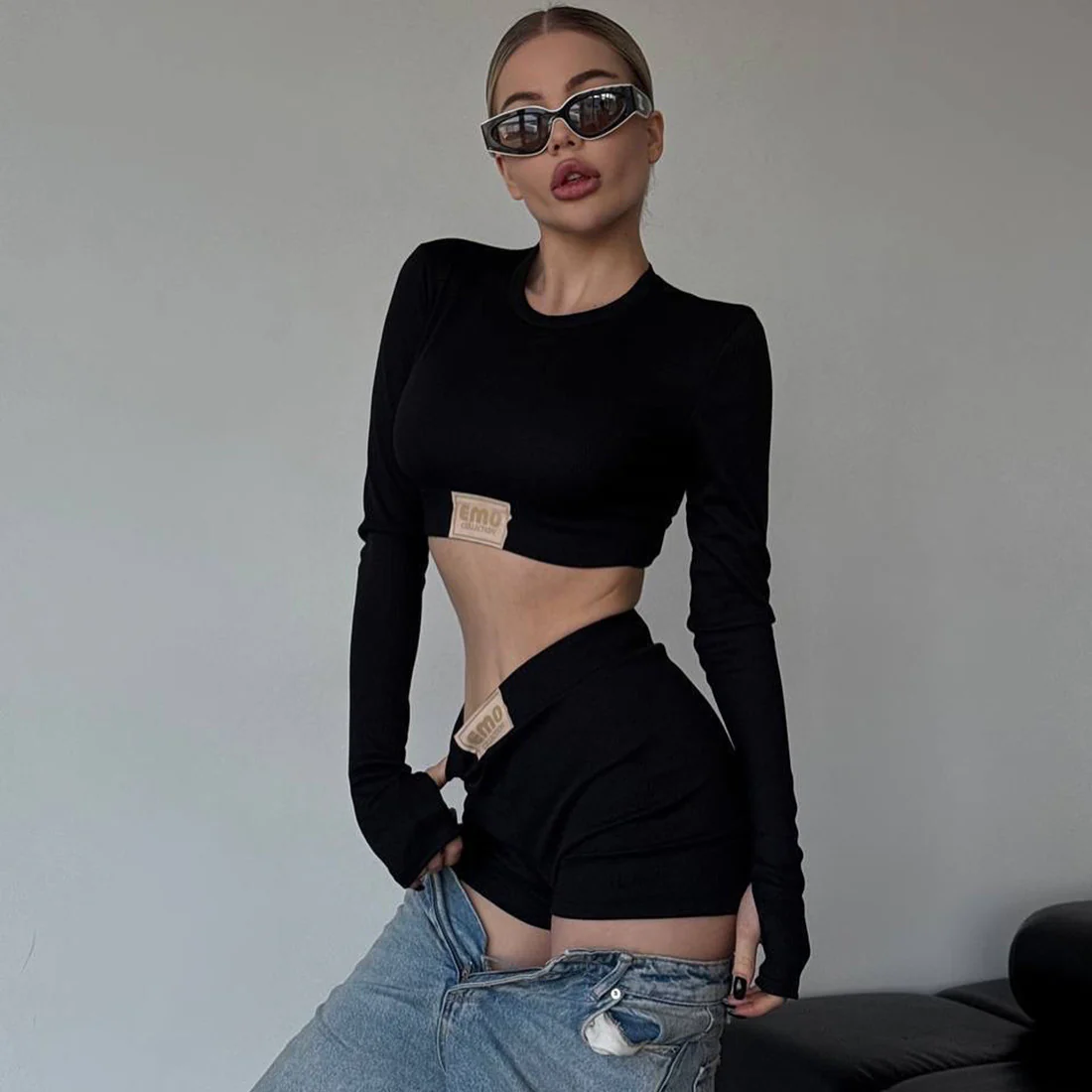 n sports style tight threaded pants set fitness round neck short open button long sleeve top hip cover hip shorts - Deanwangkt