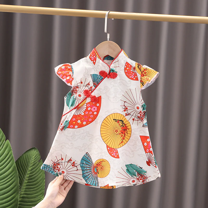 Girls Cheongsam Han Chinese Clothing Summer  New Children Kids One Month Old Outfit Festival Baby Short Sleeve Dress - Deanwangkt